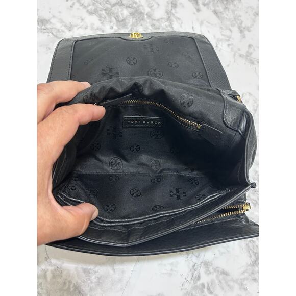 Tory Burch Landon Pebbled Leather Crossbody Wallet Bag Black 6"x8.5" Modern Chic - Picture 7 of 10